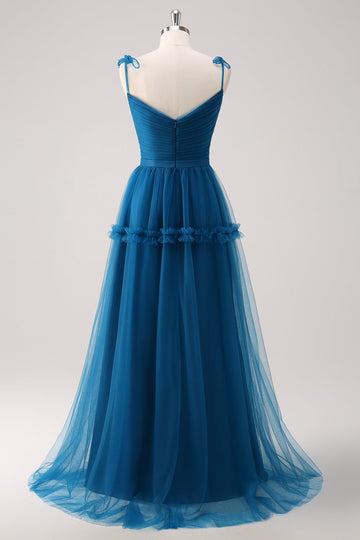 Tirantes finos azul oscuro Vestido largo de dama de honor de tul de línea A